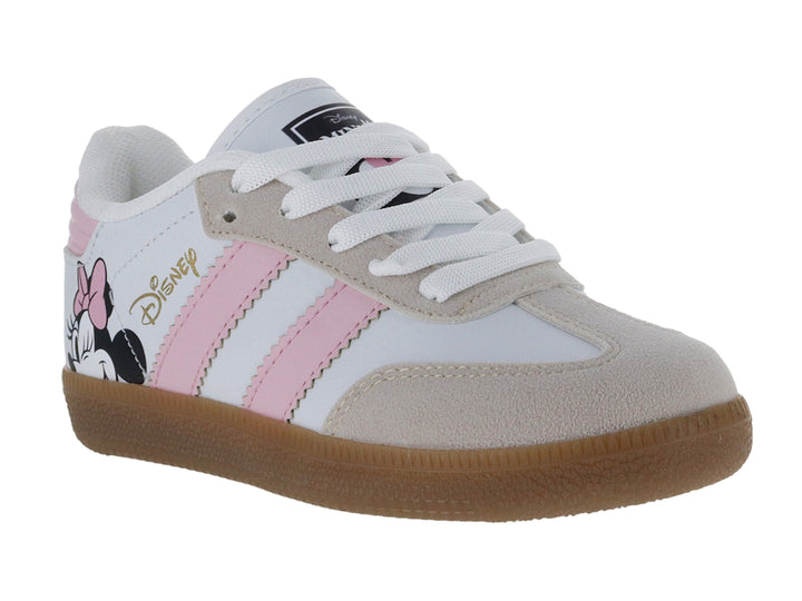 Tenis blancos y rosas para niña con estampado de Minnie Mouse y suela color café.