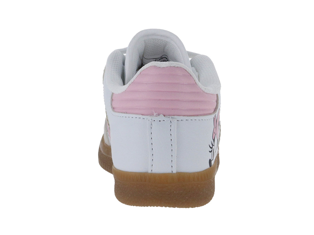 Tenis blancos y rosas para niña con estampado de Minnie Mouse y suela color café.