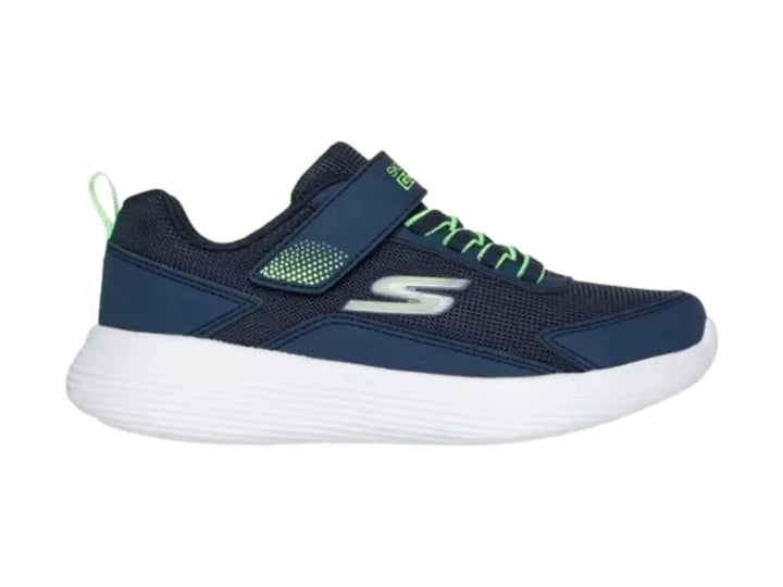 Tenis deportivos Skechers color azul marino con suela blanca y detalles en verde lima.