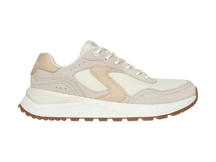 Tenis Skechers color blanco hueso con detalles en beige y suela marrón dentada