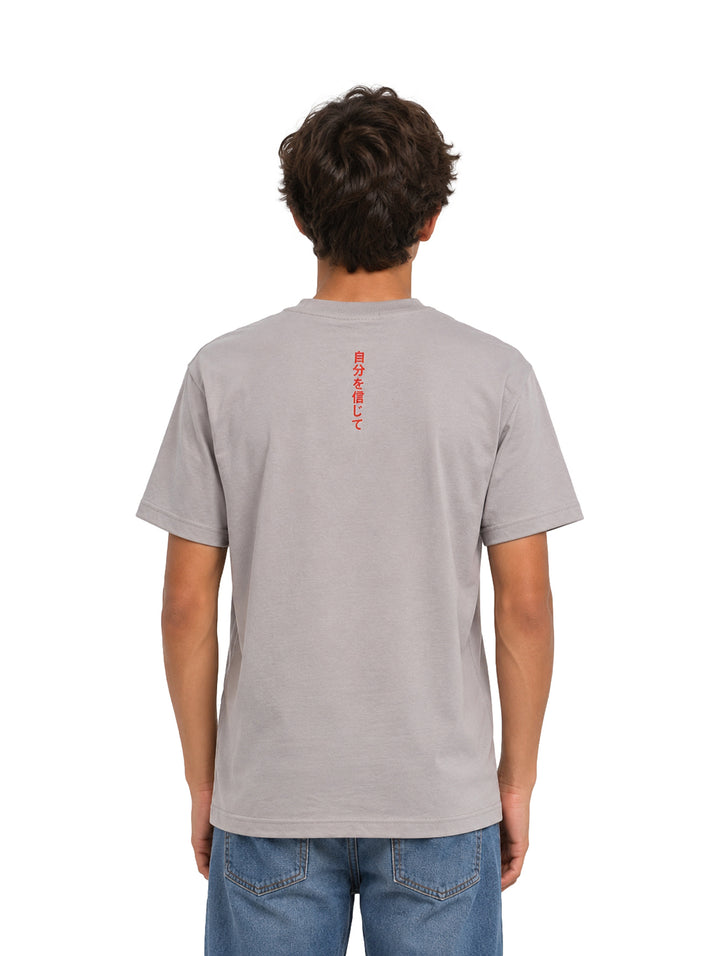 Niño vistiendo una camiseta de manga corta color gris claro con estampado gráfico frontal &