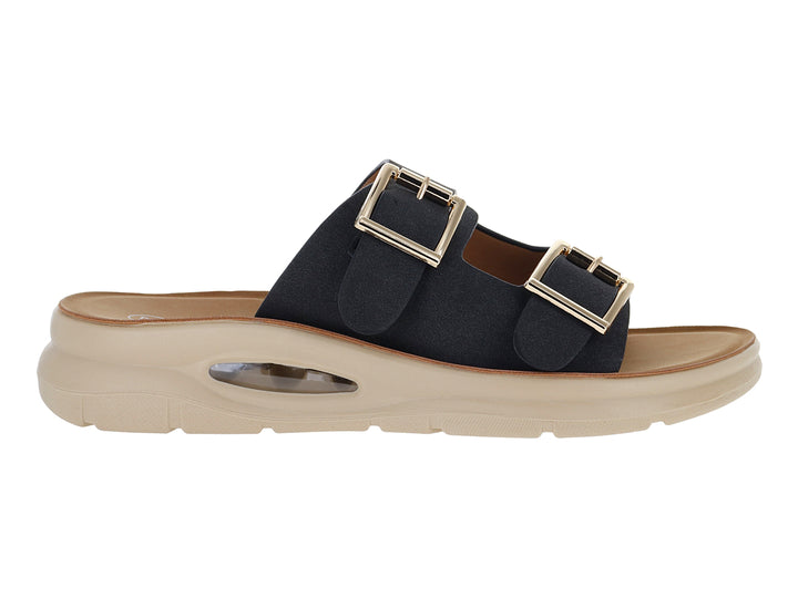 Sandalia negra de dos correas con hebillas doradas y suela gruesa color beige con cámara de aire.