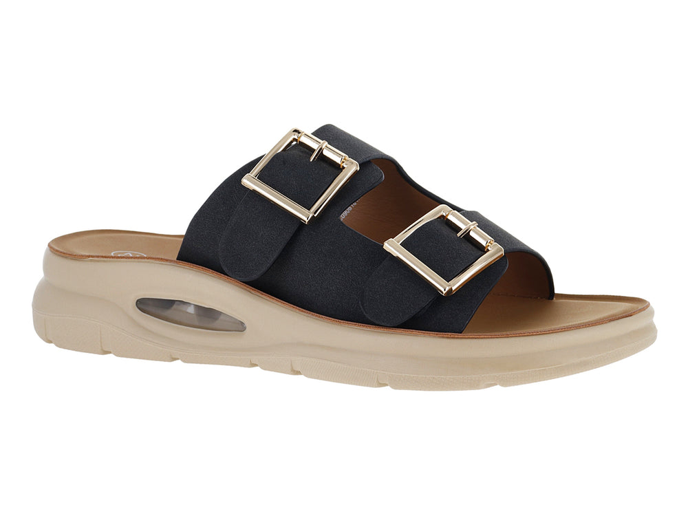 Sandalia negra de dos correas con hebillas doradas y suela gruesa color beige con cámara de aire.