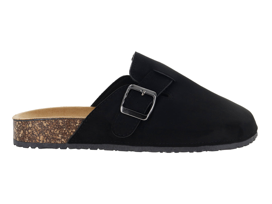 Zapato tipo clog color negro con suela de corcho y hebilla plateada.