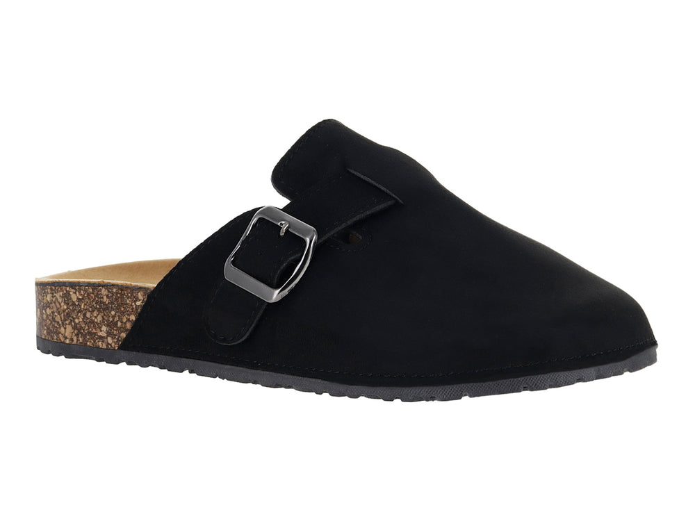 Zapato tipo clog color negro con suela de corcho y hebilla plateada.