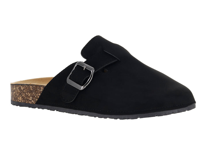 Zapato tipo clog color negro con suela de corcho y hebilla plateada.