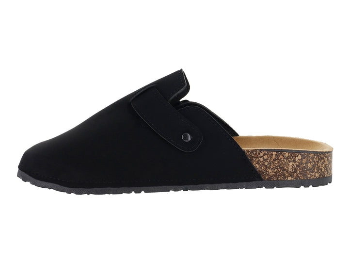 Zapato tipo clog color negro con suela de corcho y hebilla plateada.