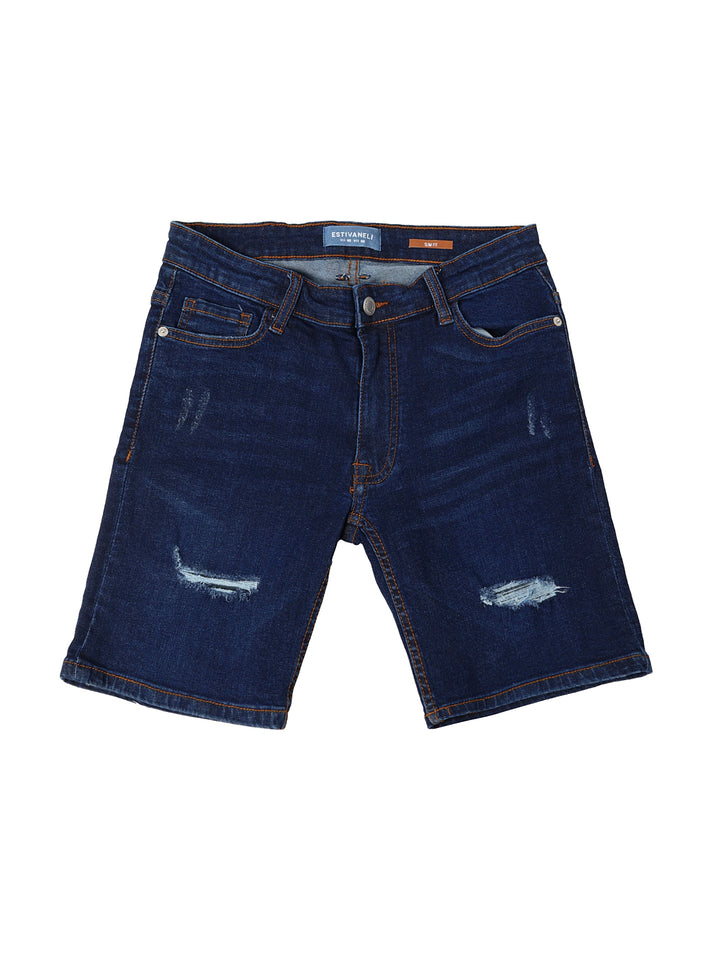 Bermuda de mezclilla azul oscuro con detalles desgastados para niño.