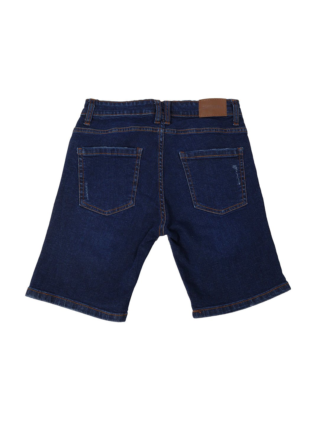 Bermuda de mezclilla azul oscuro con detalles desgastados para niño.