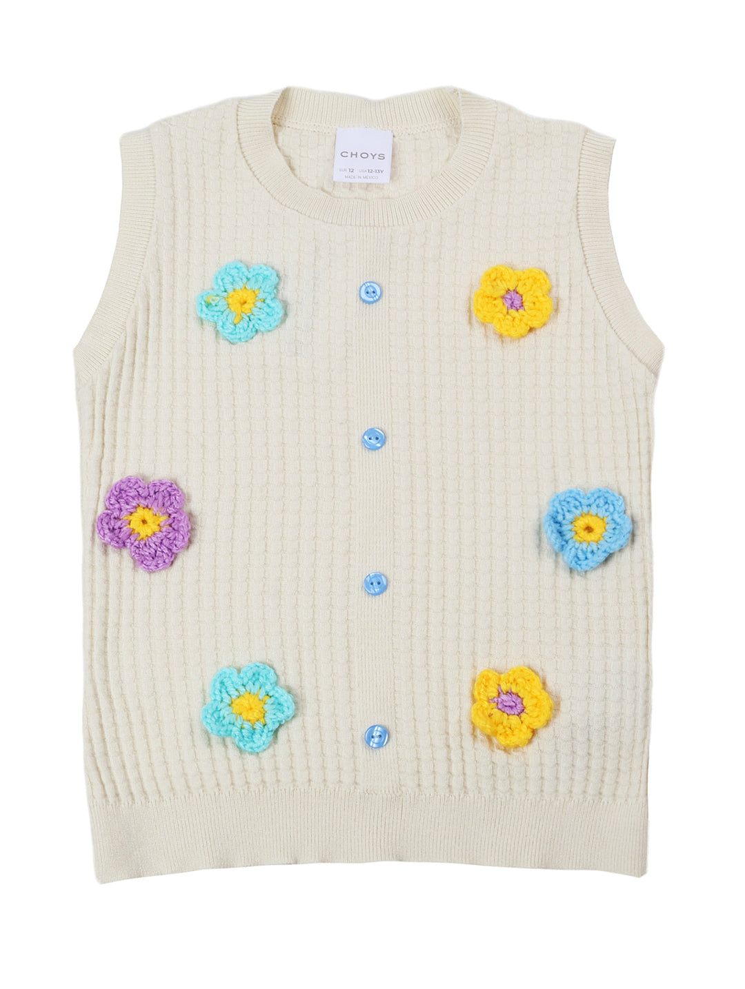 Chaleco tejido color crema con flores de crochet coloridas y botones azules para niña.