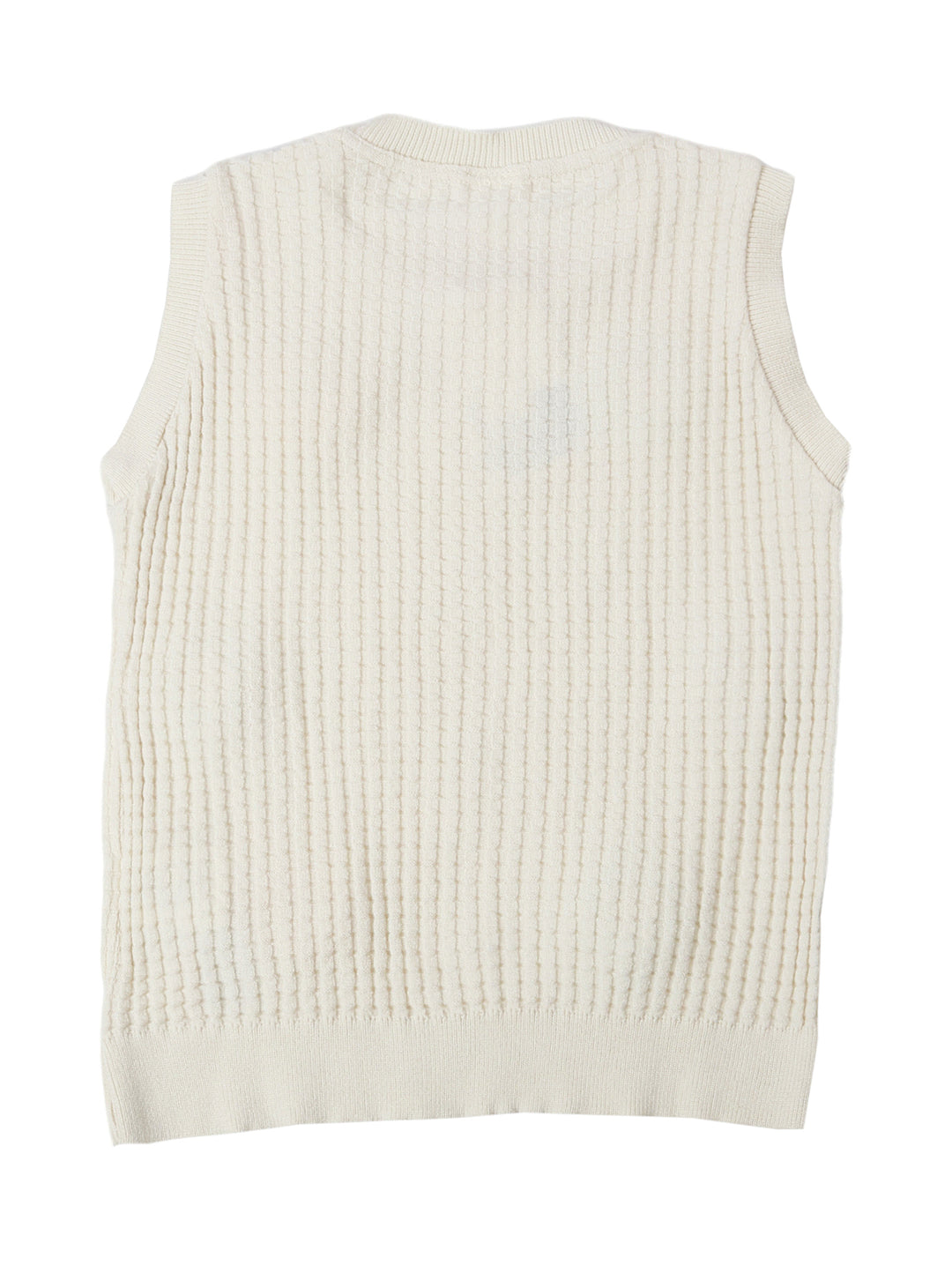 Chaleco tejido color crema con flores de crochet coloridas y botones azules para niña.