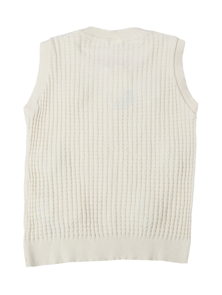 Chaleco tejido color crema con flores de crochet coloridas y botones azules para niña.