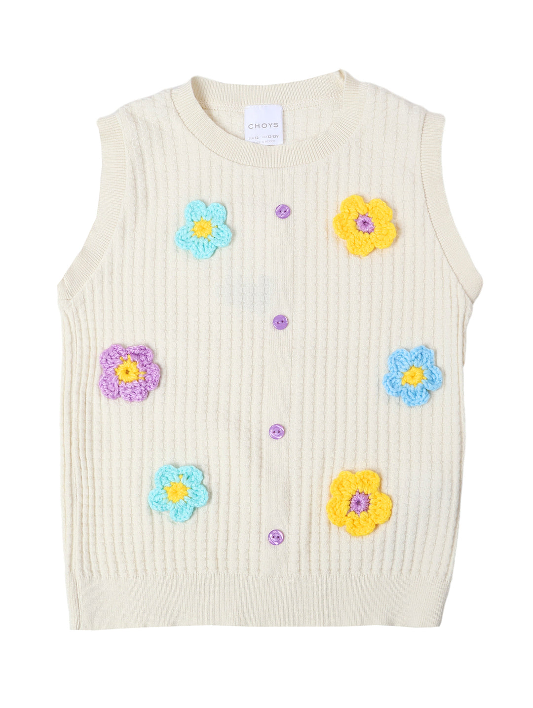 Chaleco tejido color crema con aplicaciones de flores coloridas y botones frontales.