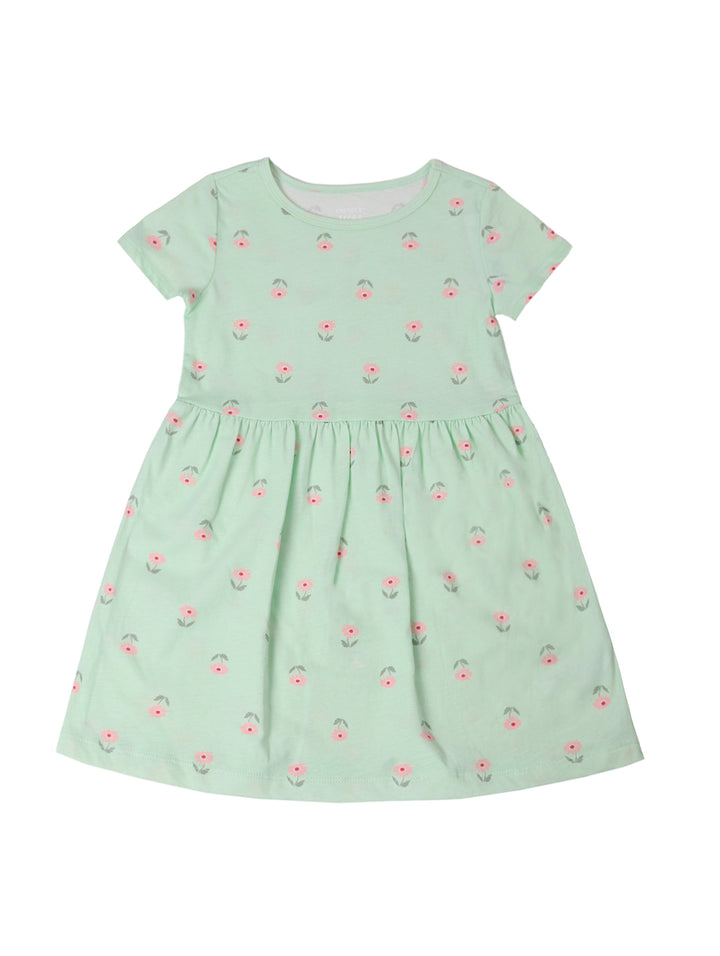 Vestido color menta para niña con estampado de pequeñas flores rosas