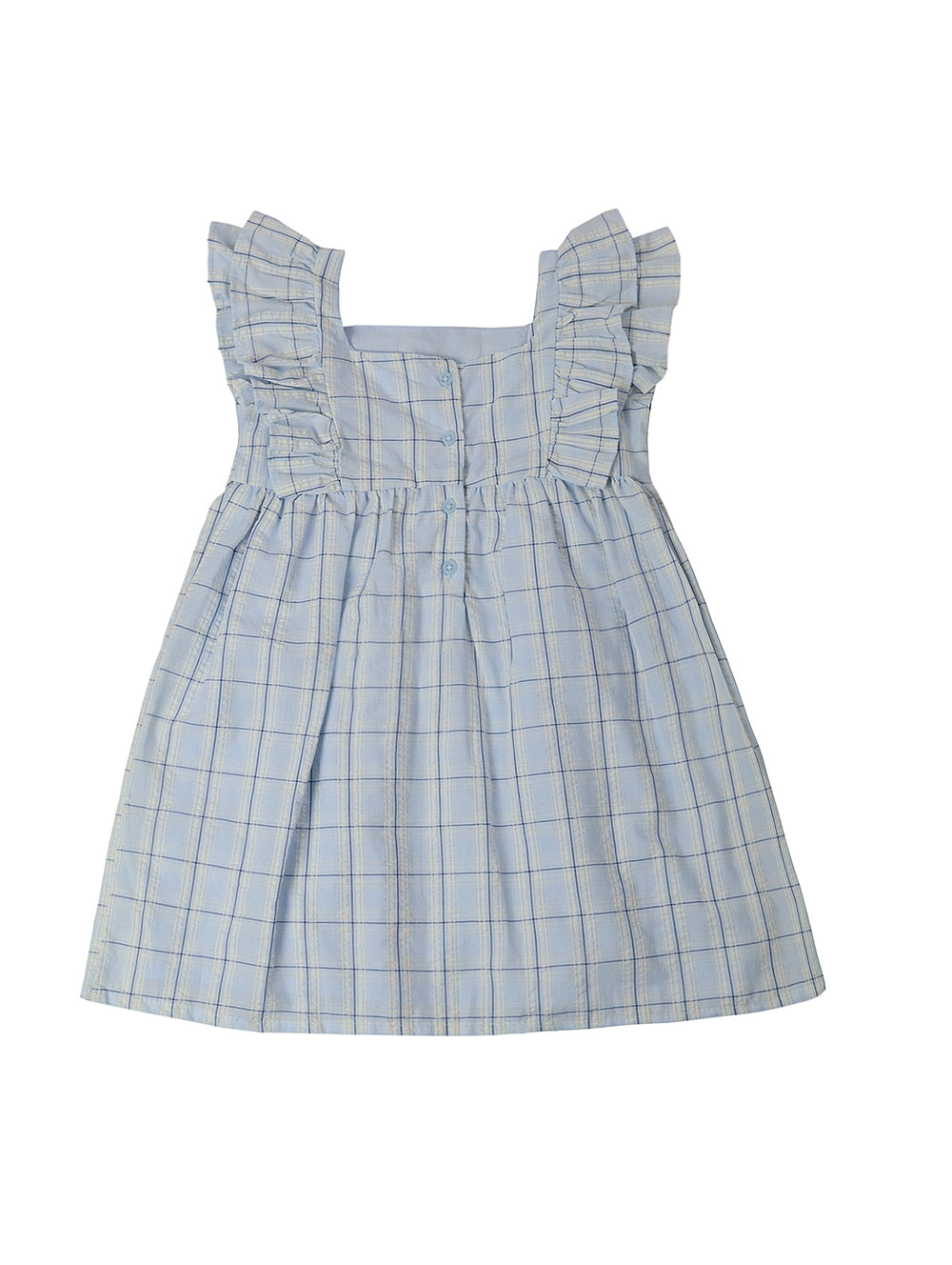 Vestido infantil azul cielo con estampado de cuadros y volantes en los hombros.
