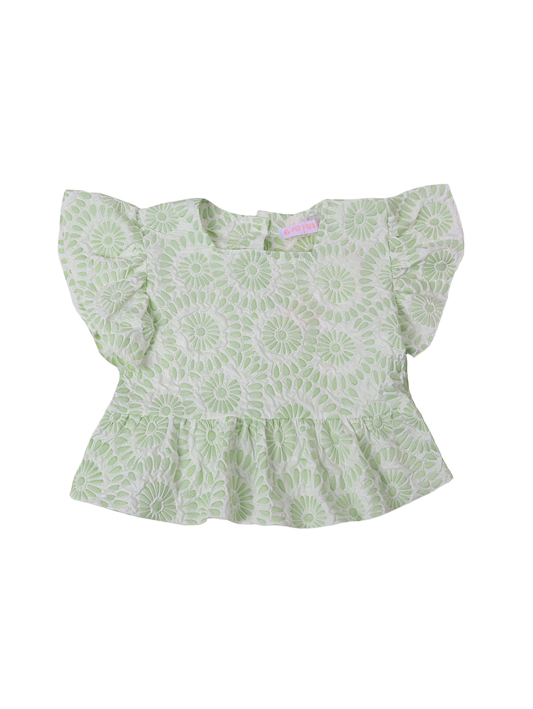 Blusa color pistache para niña con encaje floral y mangas con volantes.
