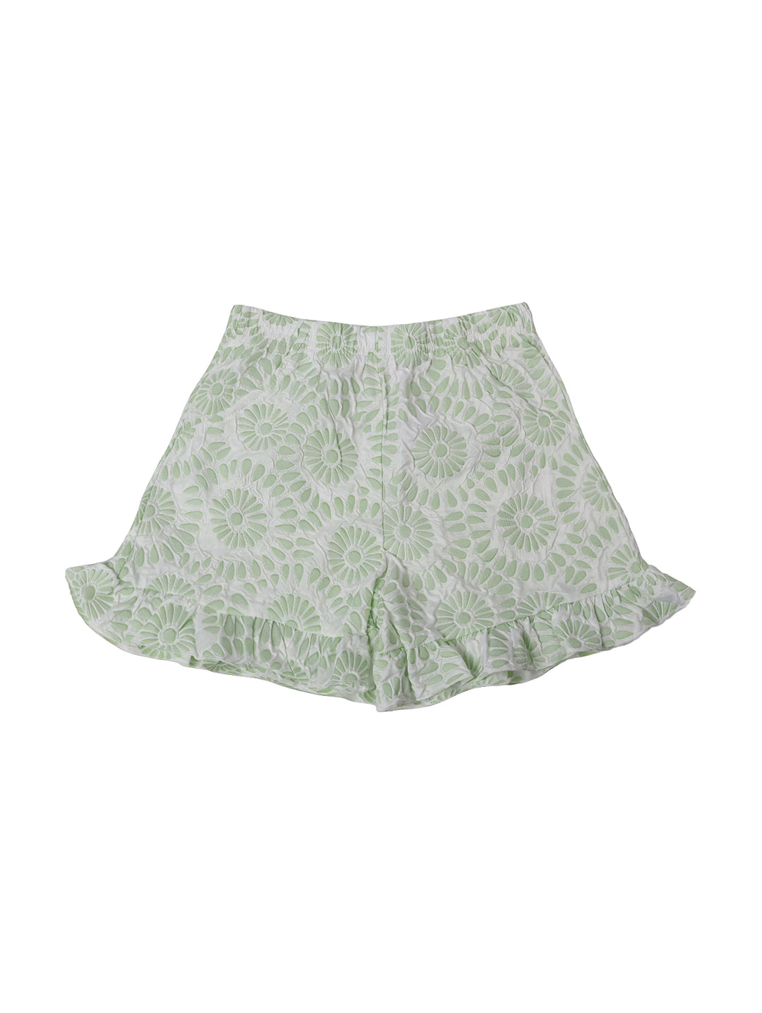 Blusa color pistache para niña con encaje floral y mangas con volantes.