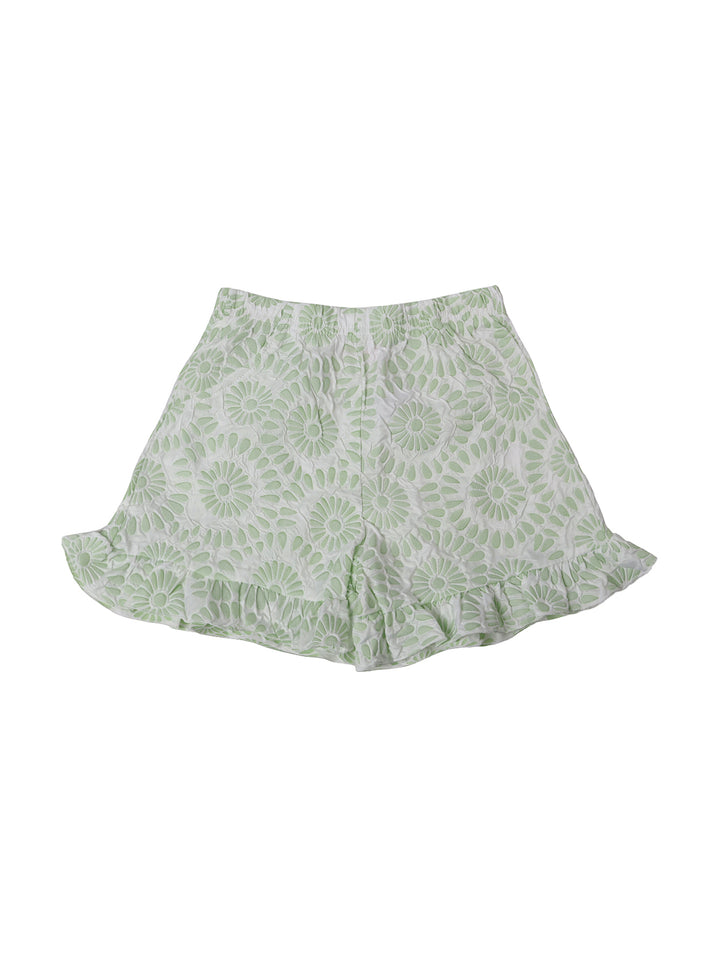 Blusa color pistache para niña con encaje floral y mangas con volantes.