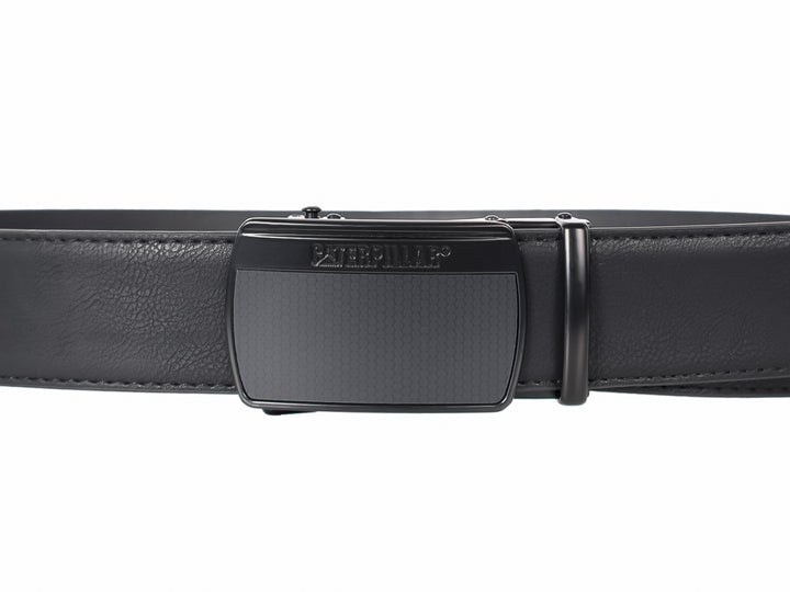 Cinturón negro Caterpillar con hebilla rectangular y acabado texturizado.