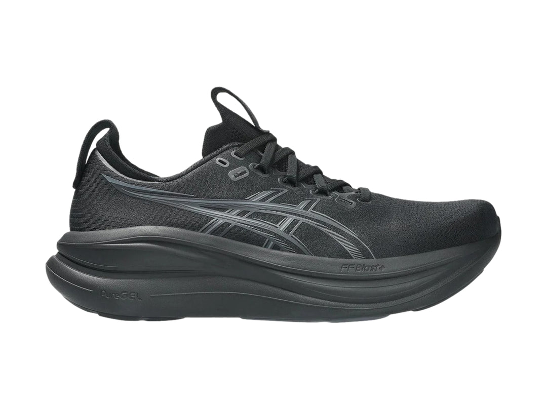 Tenis deportivos ASICS Gel-Nimbus 28 en color negro sólido para hombre.