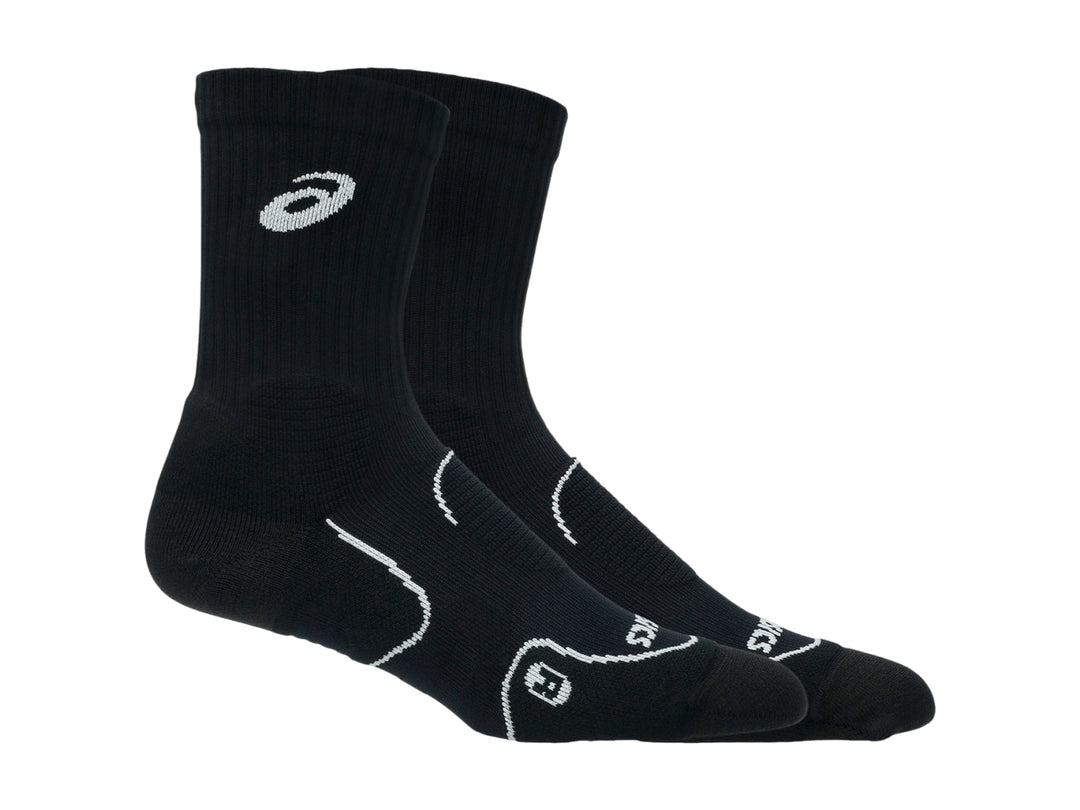 Par de calcetines deportivos Asics de color negro con detalles y logotipo en blanco.
