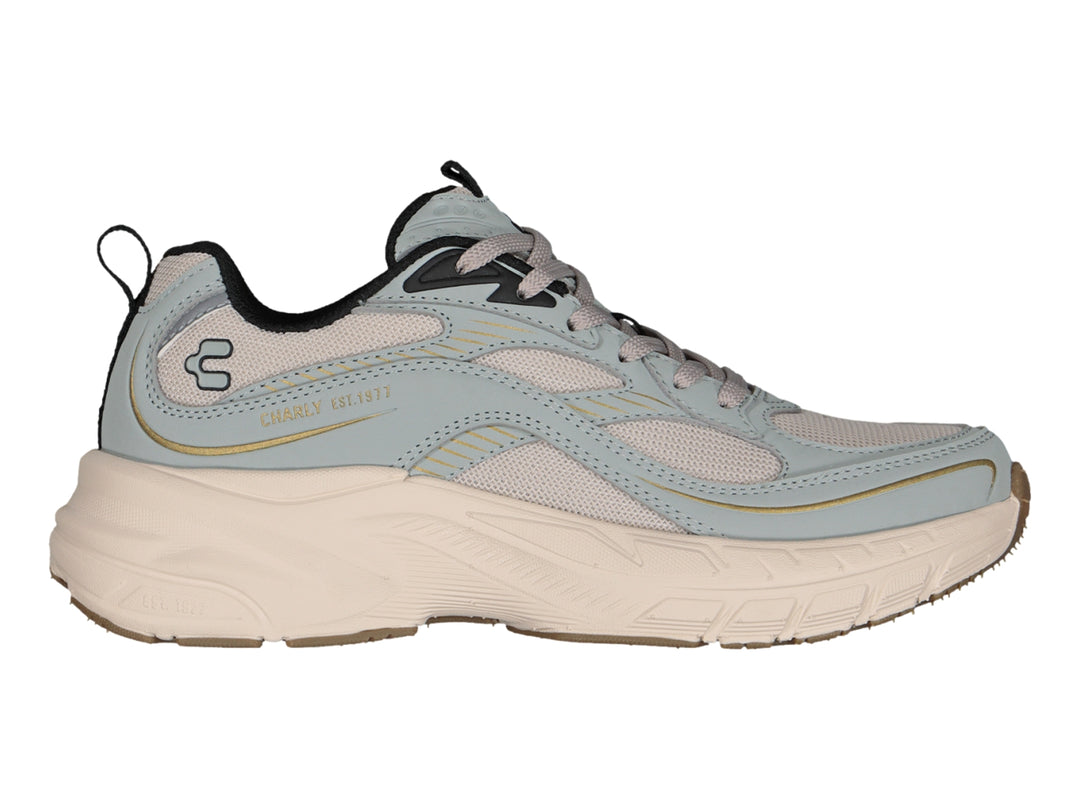 Tenis deportivos Charly color azul claro y beige con suela ancha y detalles en malla.