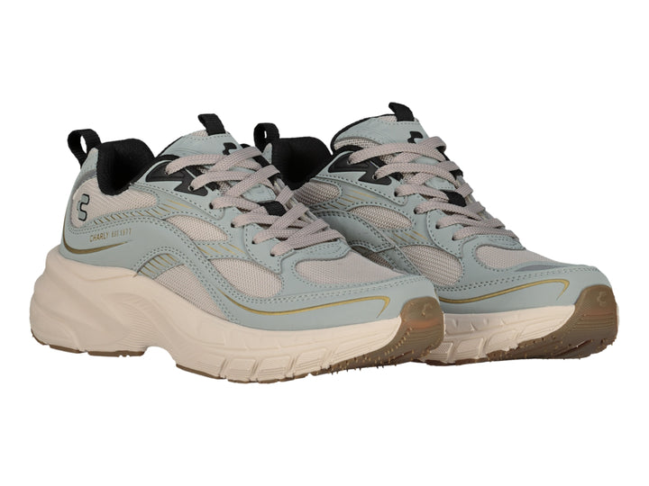 Tenis deportivos Charly color azul claro y beige con suela ancha y detalles en malla.