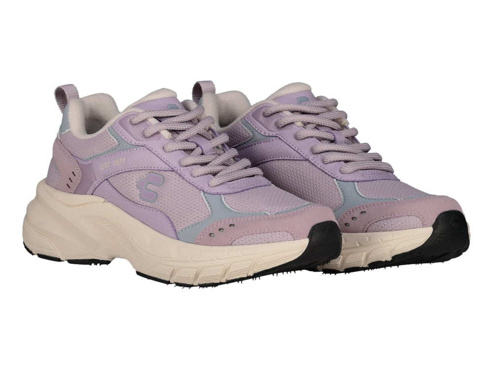 Tenis deportivos Charly color lila con suela gruesa color beige.