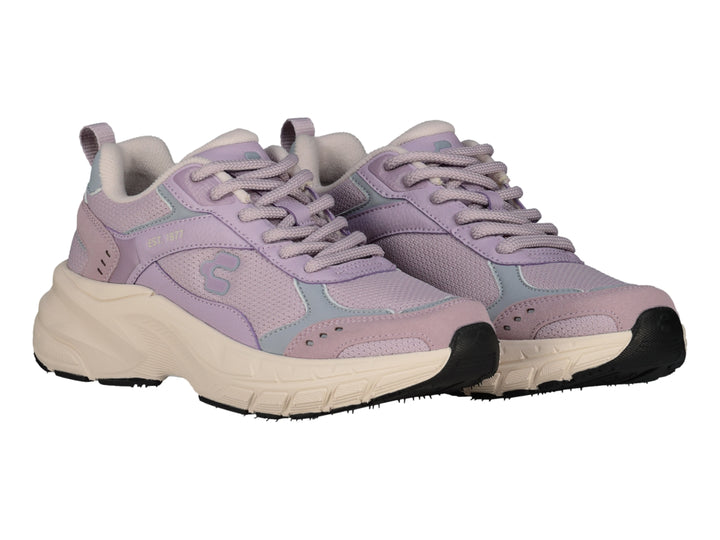 Tenis deportivos Charly color lila con suela gruesa color beige.