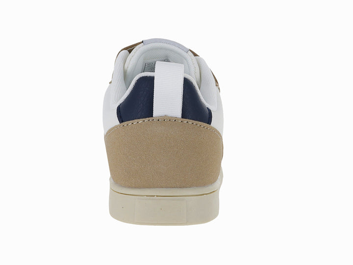 Tenis infantiles marca Victoria en colores blanco, taupe y azul marino con cierre de velcro y agujetas.