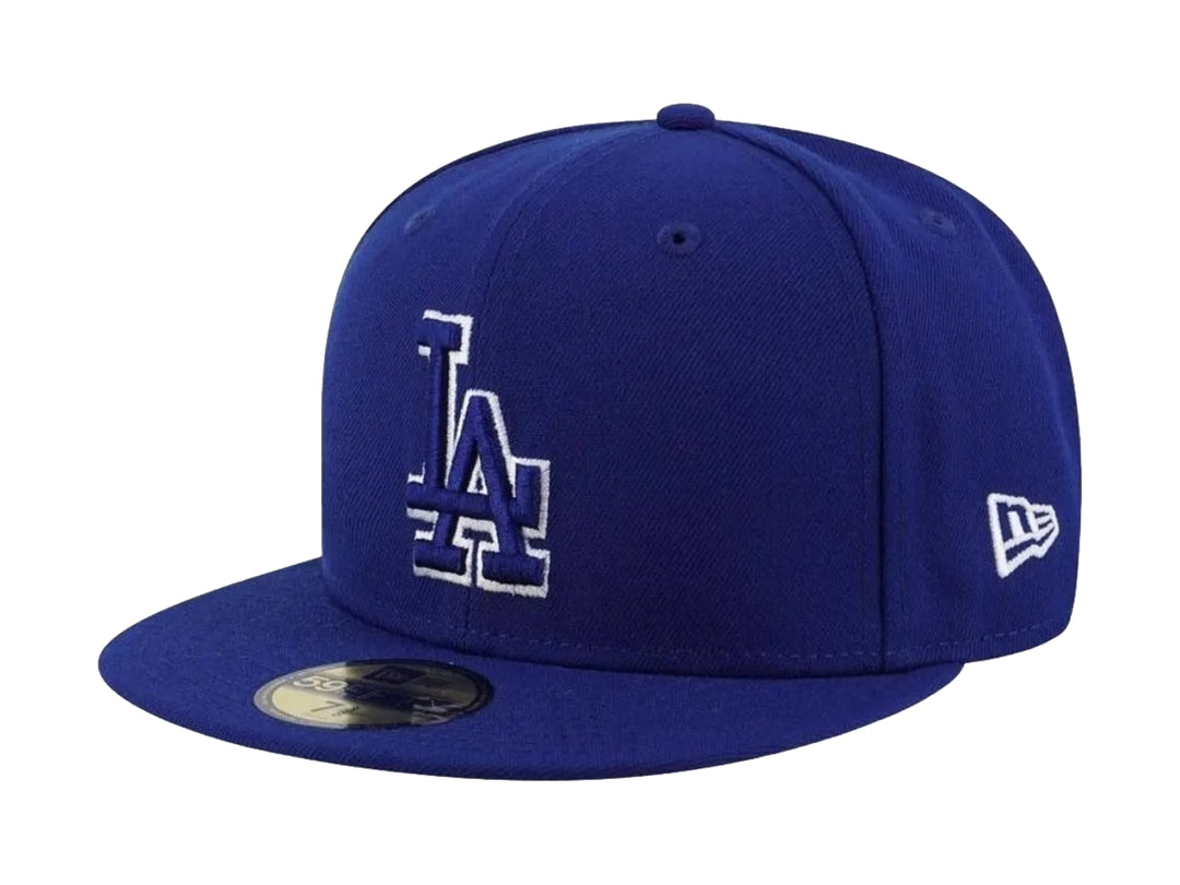 Gorra New Era azul con logo de Los Angeles Dodgers bordado en blanco y visera plana.