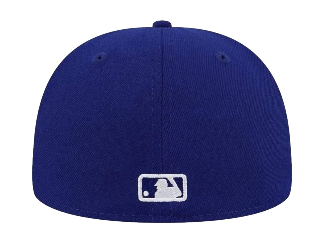 Gorra New Era azul con logo de Los Angeles Dodgers bordado en blanco y visera plana.