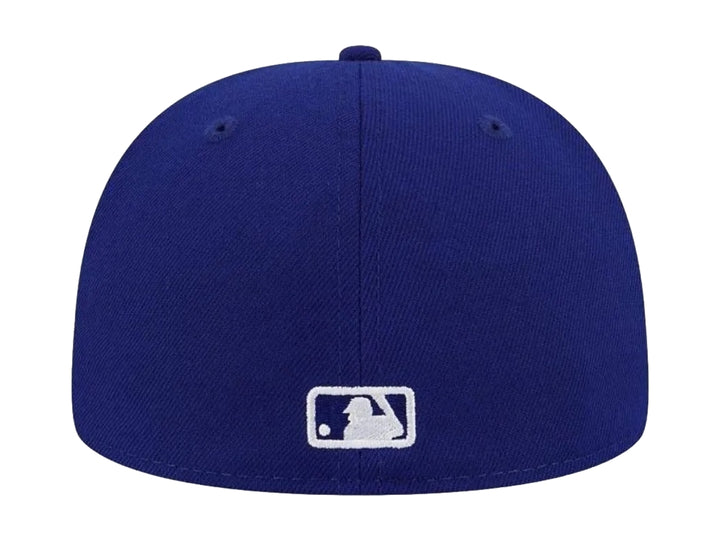Gorra New Era azul con logo de Los Angeles Dodgers bordado en blanco y visera plana.