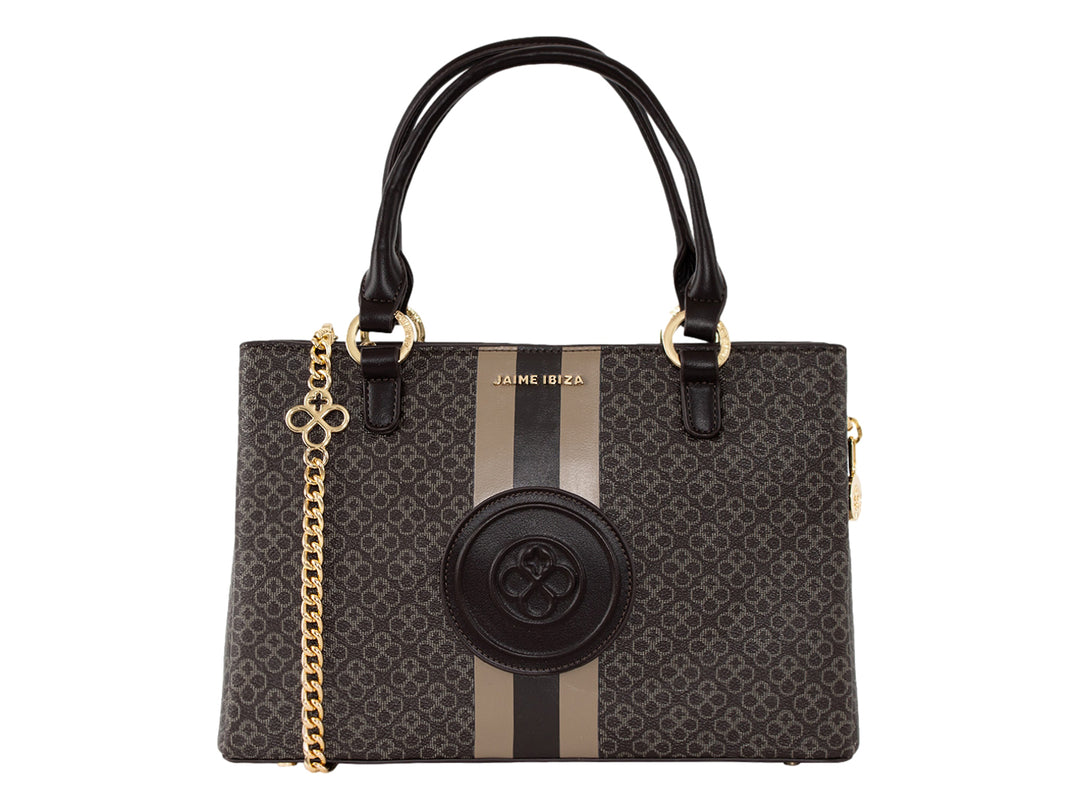 Bolsa Jaime Ibiza color chocolate con estampado, asa superior y cadena dorada.