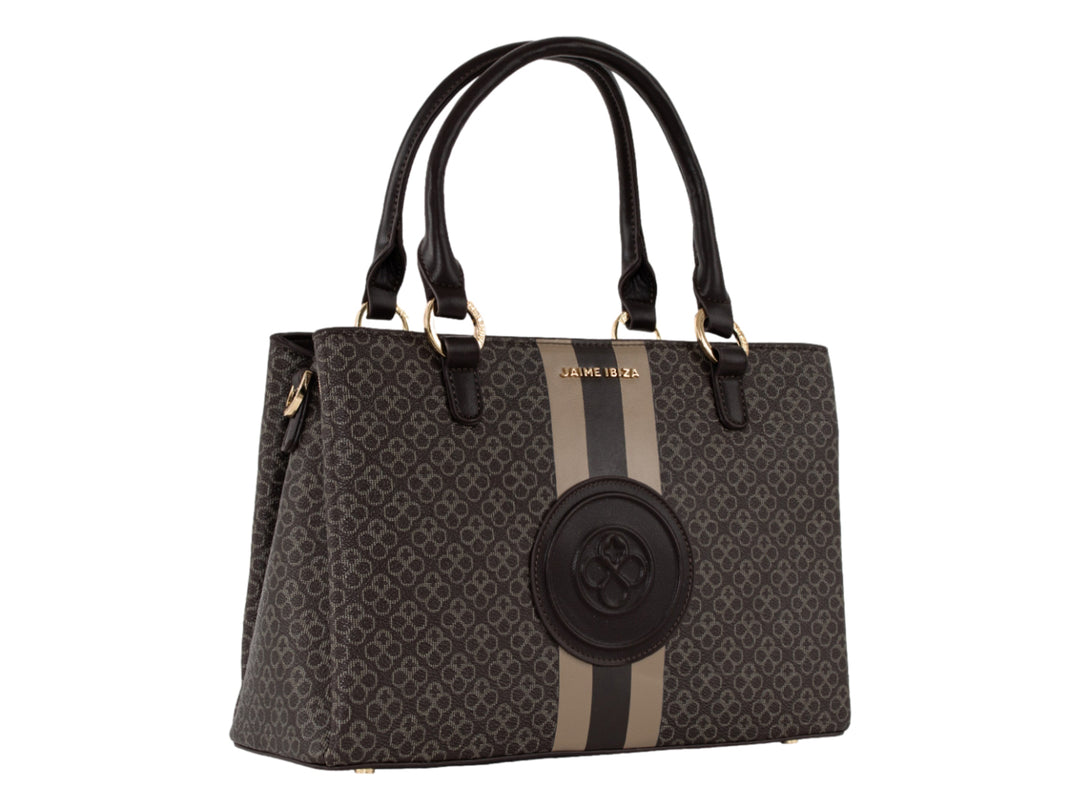 Bolsa Jaime Ibiza color chocolate con estampado, asa superior y cadena dorada.