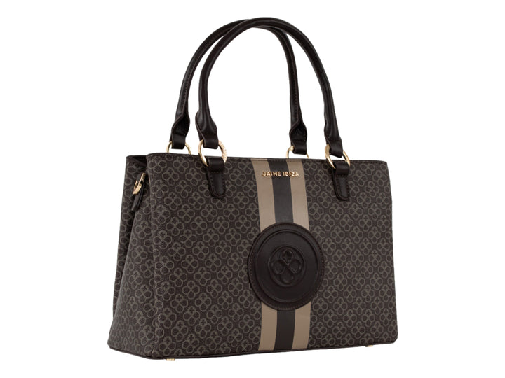 Bolsa Jaime Ibiza color chocolate con estampado, asa superior y cadena dorada.