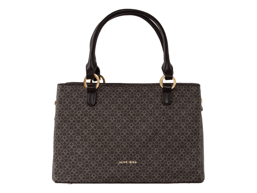 Bolsa Jaime Ibiza color chocolate con estampado, asa superior y cadena dorada.