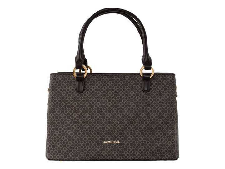 Bolsa Jaime Ibiza color chocolate con estampado, asa superior y cadena dorada.