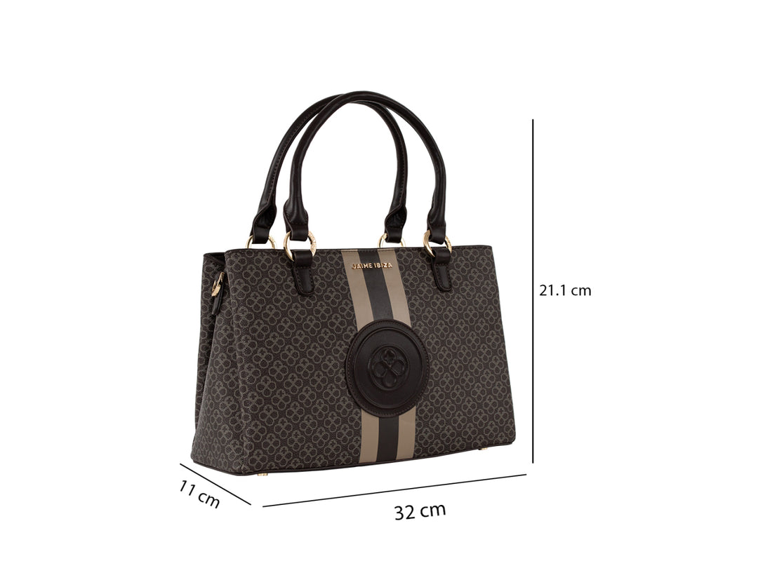 Bolsa Jaime Ibiza color chocolate con estampado, asa superior y cadena dorada.