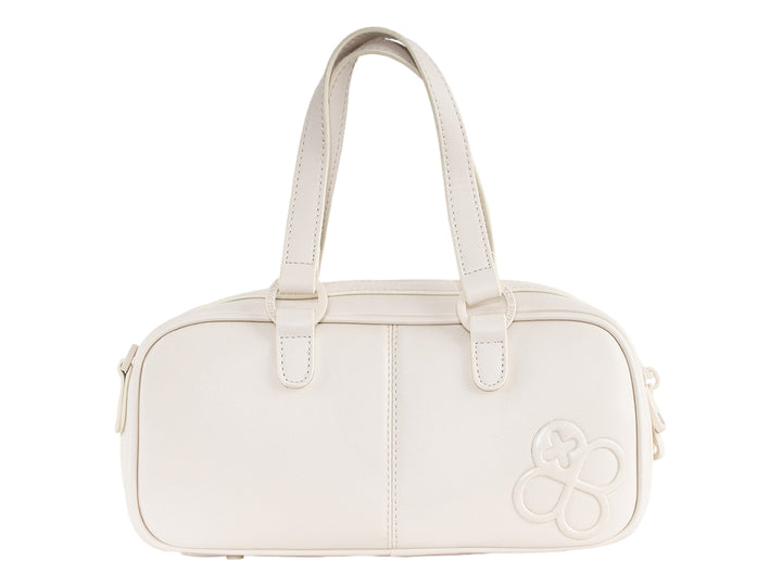 Bolsa de mano color beige con asas y detalle en relieve frontal.