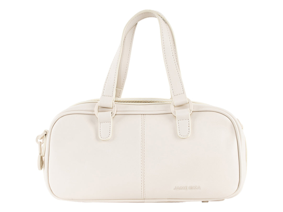 Bolsa de mano color beige con asas y detalle en relieve frontal.