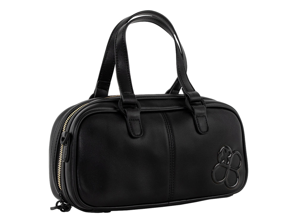 Bolsa de mano color negro de la marca Jaime Ibiza con asas y detalle decorativo frontal.