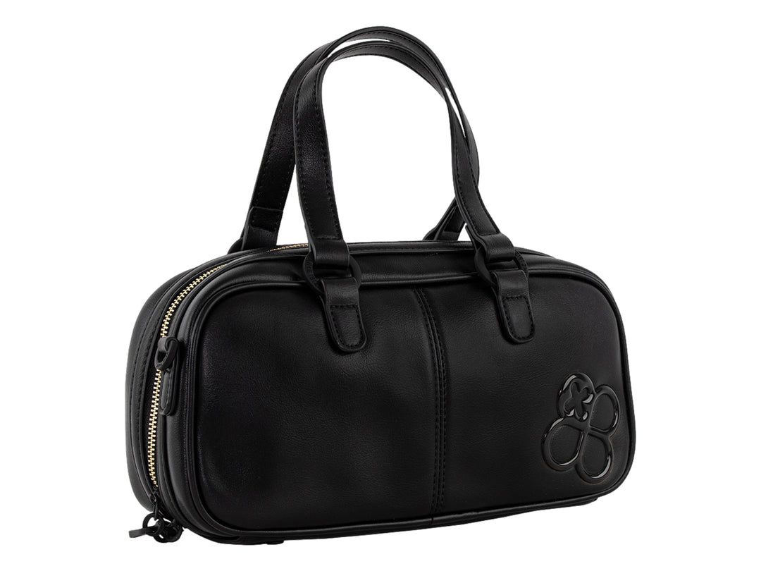 Bolsa de mano color negro de la marca Jaime Ibiza con asas y detalle decorativo frontal.