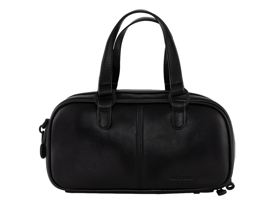 Bolsa de mano color negro de la marca Jaime Ibiza con asas y detalle decorativo frontal.