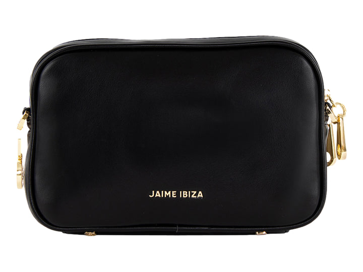Bolsa negra de Jaime Ibiza con detalles y cierres en color dorado y correa ajustable.