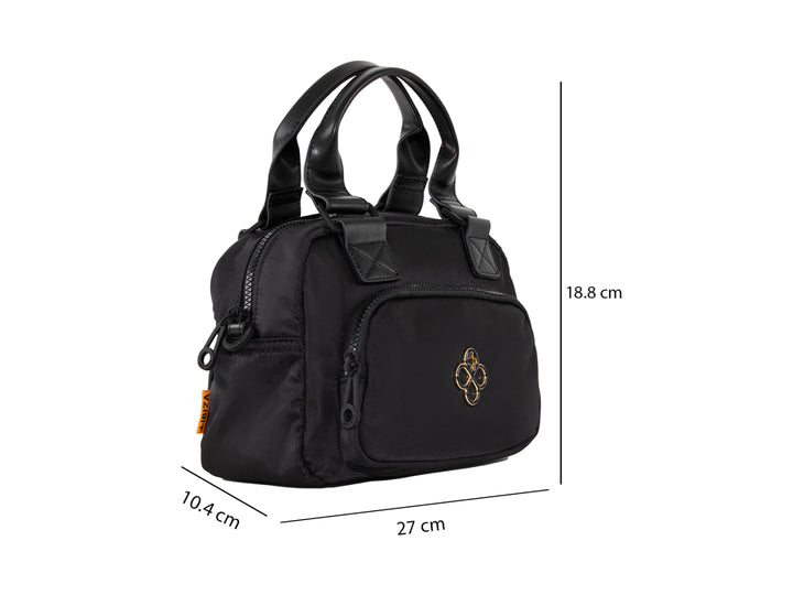 Bolsa negra Jaime Ibiza con asa superior y accesorio circular decorativo color naranja.