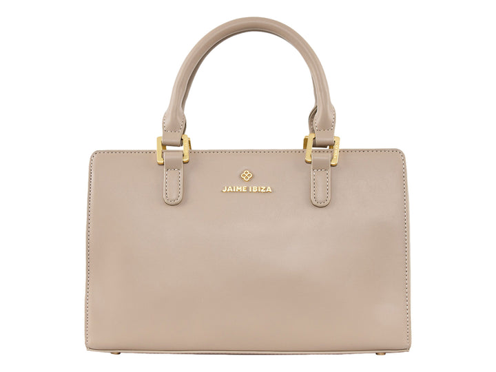 Bolsa de mano color taupe de Jaime Ibiza con asa superior y detalles metálicos dorados.