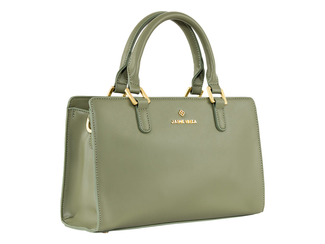 Bolsa de mano color verde con detalles dorados y asa superior de la marca Jaime Ibiza.