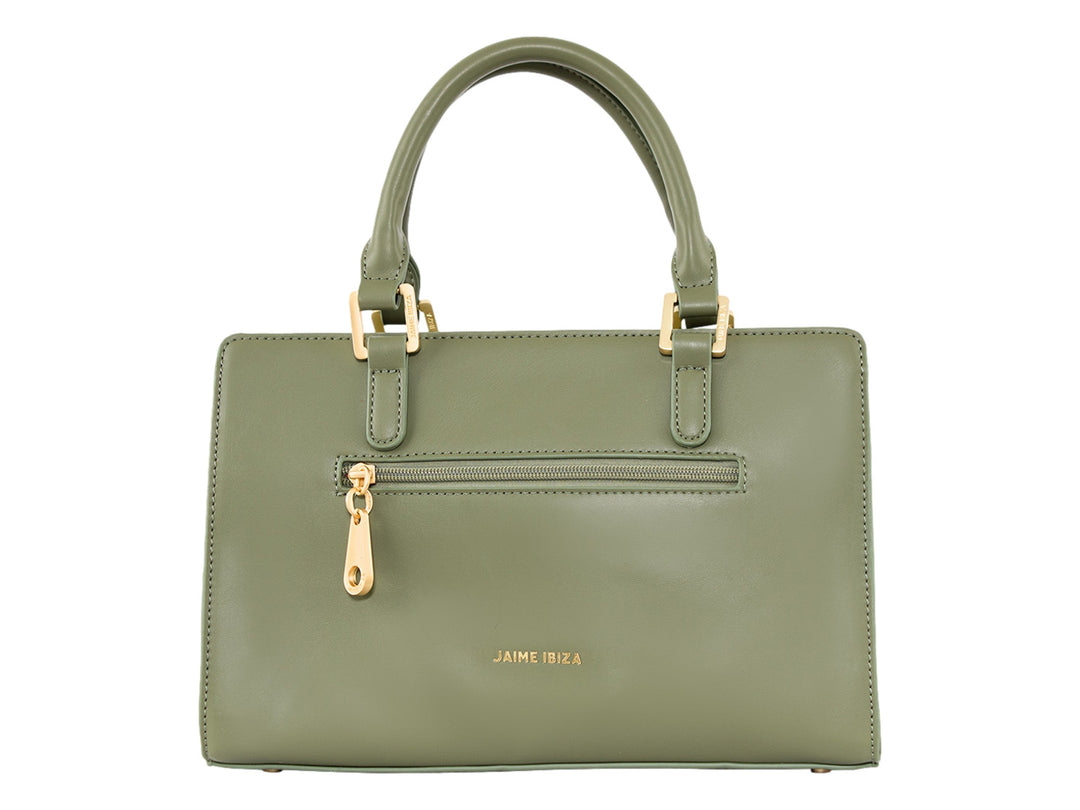 Bolsa de mano color verde con detalles dorados y asa superior de la marca Jaime Ibiza.