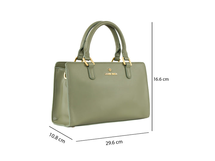 Bolsa de mano color verde con detalles dorados y asa superior de la marca Jaime Ibiza.